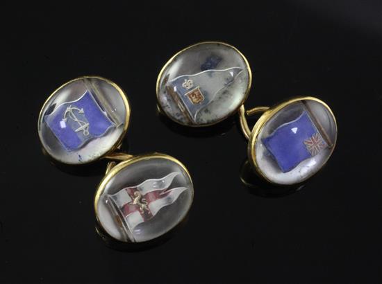 A pair of 18ct gold Essex crystal cufflinks depicting naval flags, gross weight 13.7 grams.